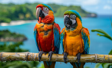 Two colorful parrots sitting on branch in the rainforest
