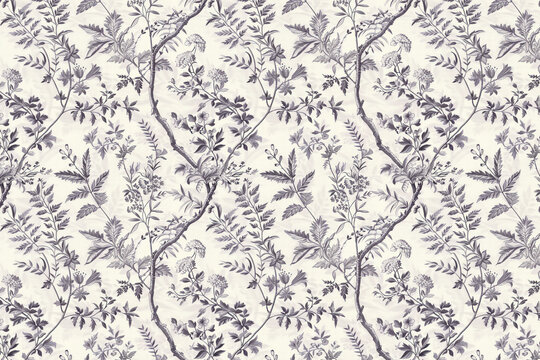 Toile floral pattern tapestry. Antique botanical wallpaper pattern. Background image. Created with Generative AI technology