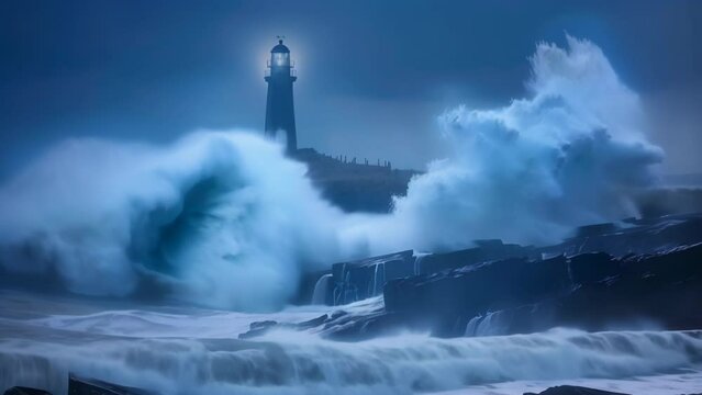 A lighthouse standing tall amidst a stormy sea. Ferocious waves crash against the rocks, as the lighthouse remains resolute despite being battered by strong winds. 
