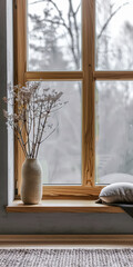 Boho minimalist composition in grey and wood tones. Interiors with natural window light.