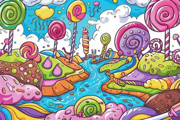 Cartoon cute doodles of a whimsical candy land filled with giant lollipops, cotton candy clouds, and chocolate rivers, Generative AI