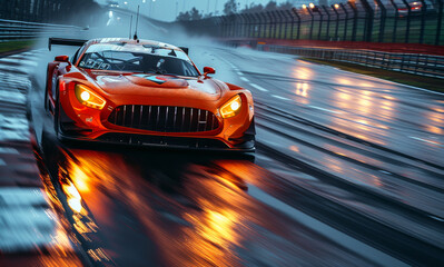 Red sports car driving on wet road. A race car on a track skillfully managing the brakes and accelerator for cornering