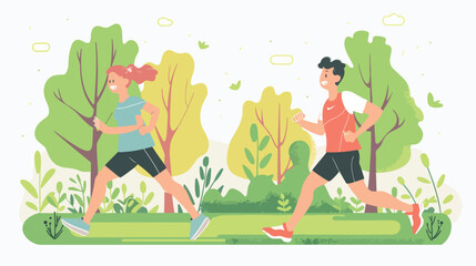 Young man and woman jogging in the park. Vector flat