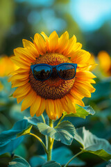Obraz premium Sunflower with sunglasses on sunny day. A sunflower wearing sunglasses