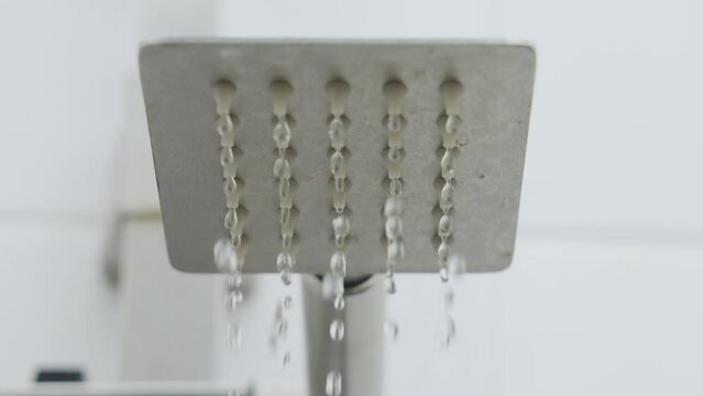 Water Flowing Dropping From Shower Head Then Shut Off, Close Up