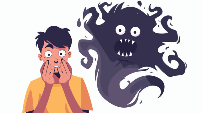 Young man experiences fear fright stress. Phobia nigh