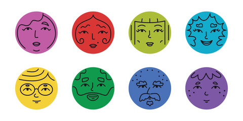 Set of round faces. Illustrations in doodle style.