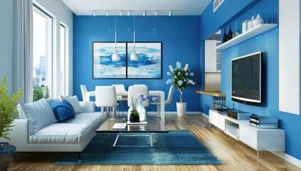 Modern living room with blue walls, white furniture and wooden floor