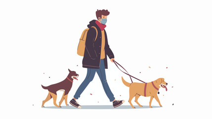 Young man wearing face masks walking with a dogs isolated