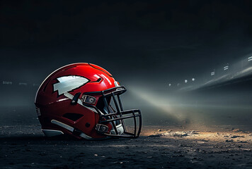 Red football helmet sits on dirt field with spotlight shining on it.