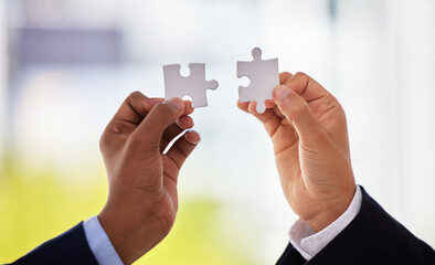 Hands, puzzle and people for business solution with connection, synergy or integration at agency....