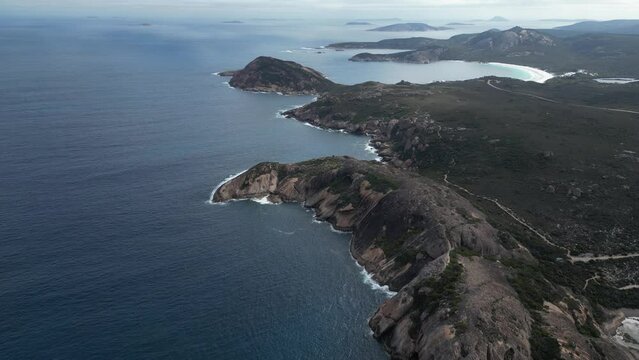 High panoramic aerial view of the rocky coastline of Cape Le Grand Area.