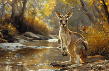 Fototapeta premium Kangaroo sitting by creek in the afternoon