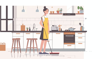 Young woman with mop in the kitchen. Vector flat styl