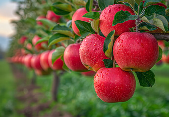 Obraz premium Organic red ripe apples on the orchard tree with green leaves