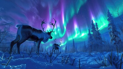 Reindeers grazing in a snowy field with a 3D northern lights background - obrazy, fototapety, plakaty
