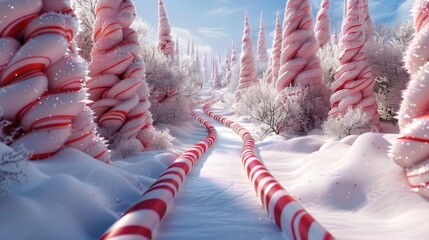 3D candy cane forest with sugar dusted paths and peppermint trees