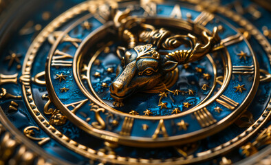 The gold bull is symbol of the new year on the clock. Twelve zodiacs concept