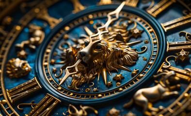Golden astrological clock with the zodiac signs. Twelve zodiacs concept