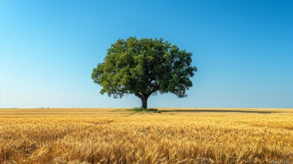 Obraz premium A large tree stands in a field of golden wheat