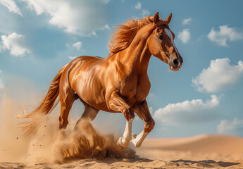 Red horse runs in the desert sand on blue sky background