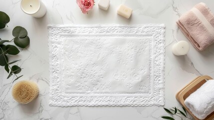 Blank mockup of a simple yet elegant white bathroom mat with a delicate lace trim. .
