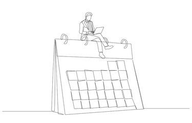 Continuous one line drawing of businessman sitting on top of desk calendar working with laptop, working according specified work schedule concept, single line art.
