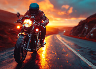 Man seat on the motorcycle on the mountain road under sky with clouds at sunset