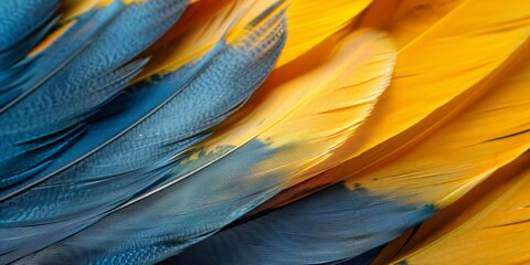 Vibrant Blue and Yellow Macaw Parrot Feathers Close-up Texture - obrazy, fototapety, plakaty