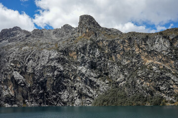 Sheer Rock Wall in Andes. Turquoise Water and Dramatic Mountain Scenery - Churup Lagoon, Huaraz,...