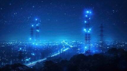 Transmission towers glow digitally against a dark background.