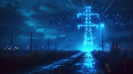High voltage electric pole with digital glowing wires on dark background.