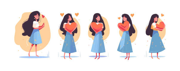 Beautiful and happy woman holding a heart symbol. Peaceful young woman standing. Feel peace and happiness in life. set flat vector modern illustration