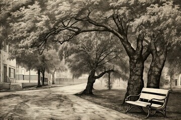 Detailed black and white sketch of a park bench standing in front of a tall tree, creating a serene park scene. Generative AI