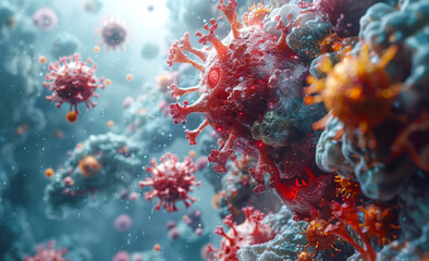 Obraz premium Coronavirus cells and antibodies in the body