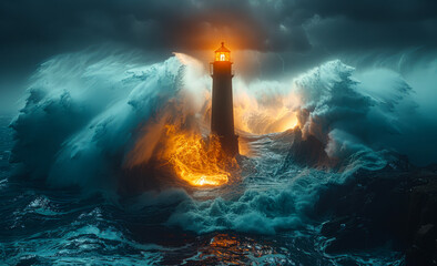 Lighthouse on the sea under sky. Lighthouse hit by huge wave