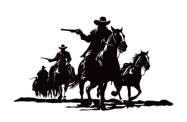 Cowboy on horse with gun, set of black silhouettes - flat vector illustration isolated on white background.