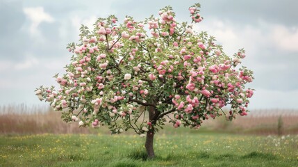 Pink blooms adorn tree in field