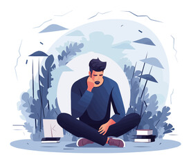 Depressed sad man thinking over problems. Bankruptcy, loss, crisis, burnout syndrome, relationship trouble concept. Vector illustration.