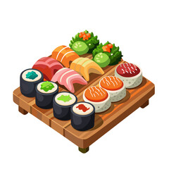 set of sushi and sashimi. Asian seafood sushi soy sauce. Sushi illustration with trout fish, salmon and caviar