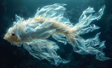 Plastic pollution concept with underwater fish made from plastic bag swimming in the ocean
