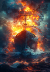 Ship is engulfed in flames. The ship in fire