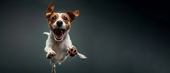 A dog is jumping in the air and has its mouth open. The dog is happy and excited. jack russel...