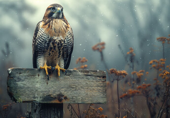 Red tailed hawk sitting on wooden sign in field. Hawk perches on wooden post in forest. - Powered by Adobe