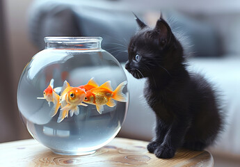 Black kitten is looking at goldfish in bowl.