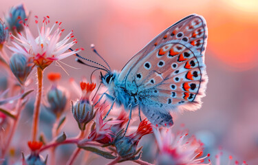 Butterfly on flower in the rays of the sun