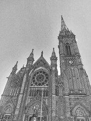 Old catholic cathedral building in Ireland. Christian church, ancient gothic architecture. Hand drawn pencil sketch illustration