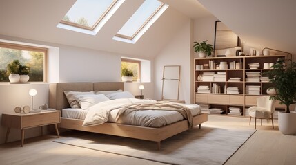 Scandinavian bedroom with large windows and a skylight