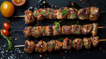 Grilled meat skewers, shish kebab on black background, top view, hyperrealistic food photography