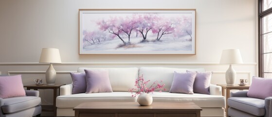Painting of pink cherry blossom trees in a white foggy forest.